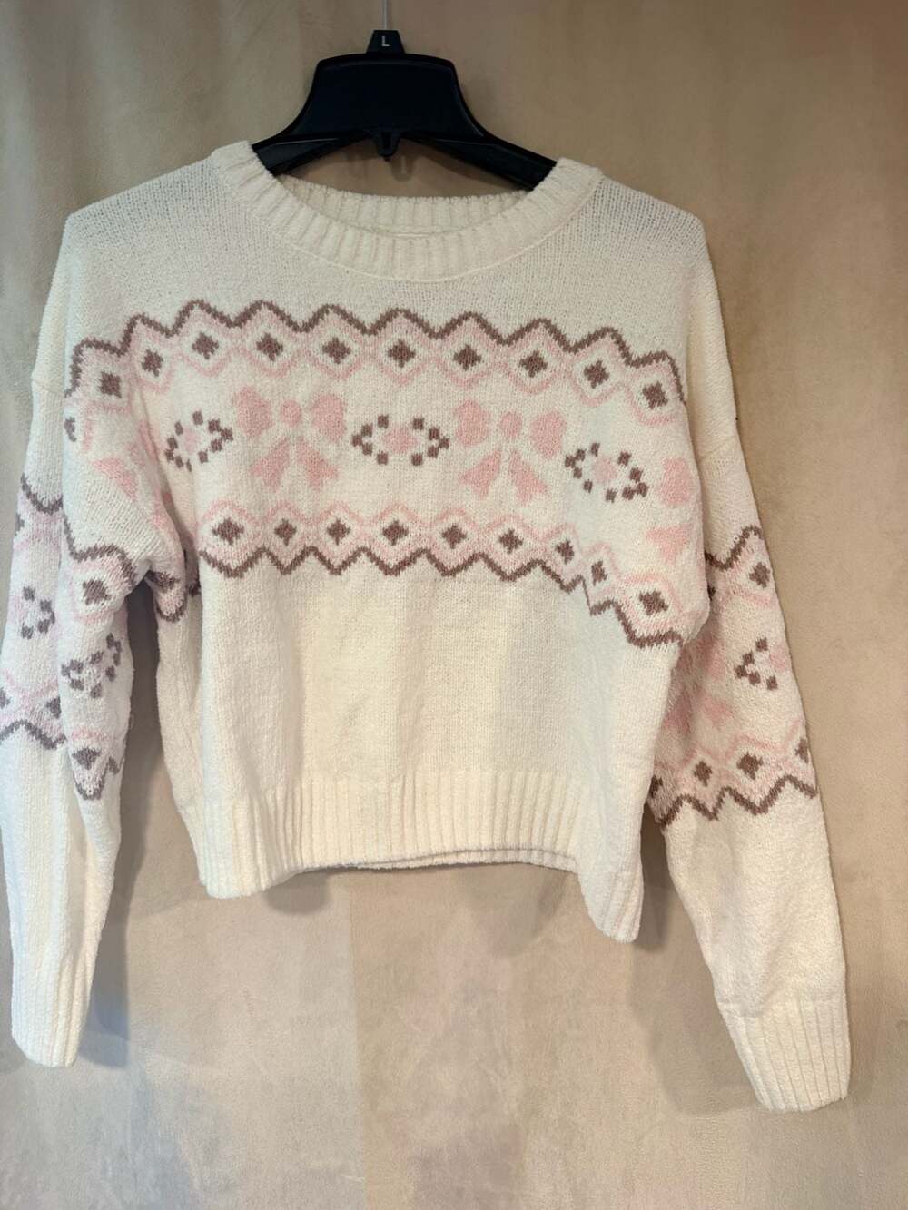 Hippie Rose Pullover Sweater Size M White Pink Fair Isle Bows